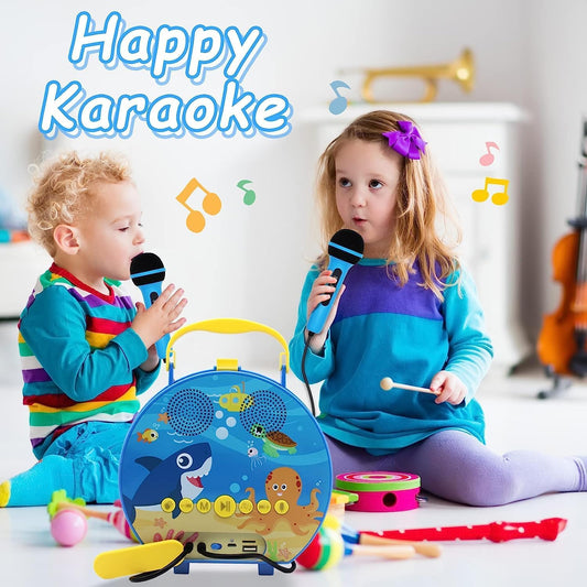 GOMINIMO Kids Portable Karaoke with Two Microphones (Round, Blue Shark)